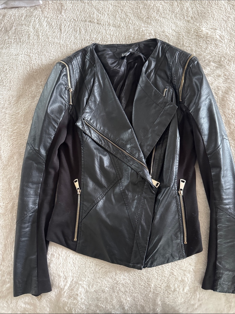 bebe Black  Leather Asymmetrical Zip Moto Jacket